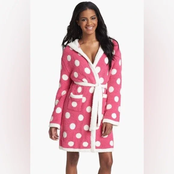 💕HP💕Barefoot Dreams polka dot short hooded pink robe - Picture 1 of 10